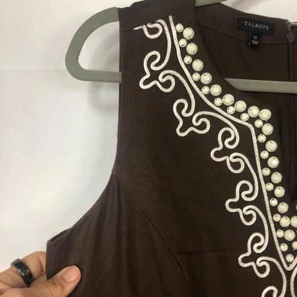 Talbots Brown All Linen Sheath Lined Cream Colored Embroidery Beading - Picture 4 of 8